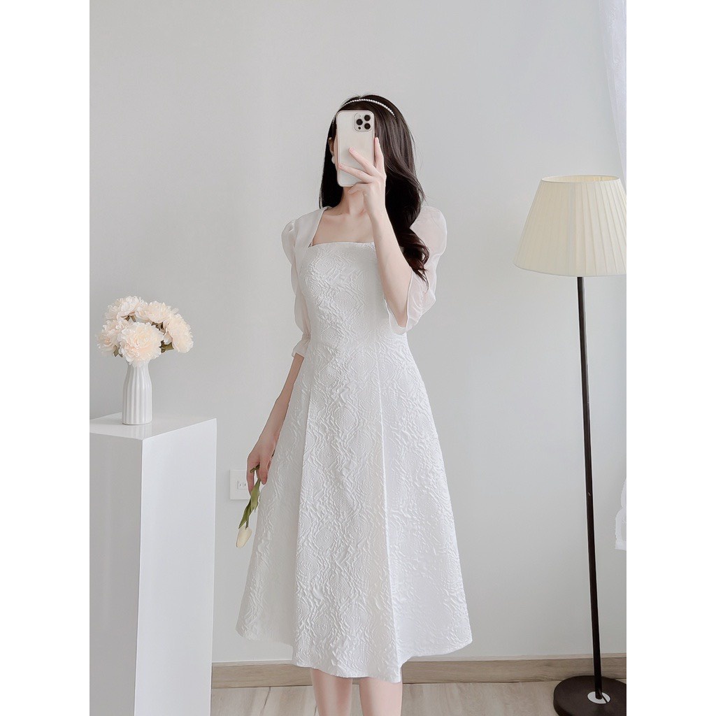 Đầm dự tiệc, dạo phố màu trắng tinh khôi tay lửng thanh lịch - MIE Dress