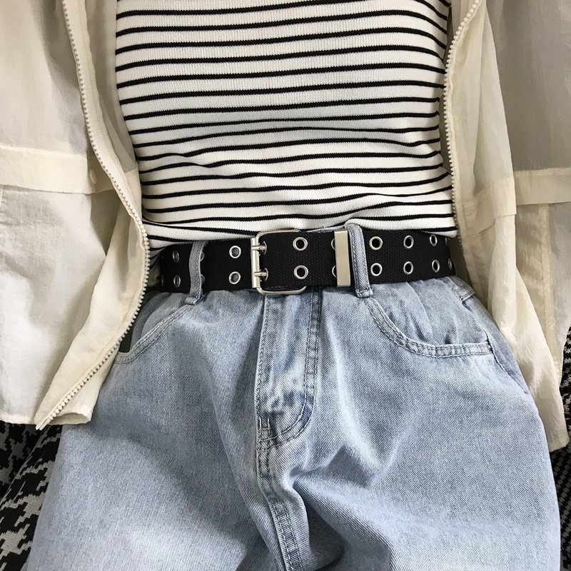 Thắt Lưng Vải Canvas Hai Hàng Lỗ Kim Loại Phong Cách Hip Hop Hàn Quốc Thời Trang Cho Nam Và Nữ
