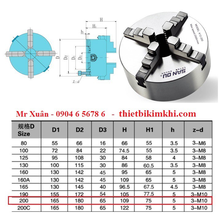 Mâm cặp 4 chấu 200mm K12-200