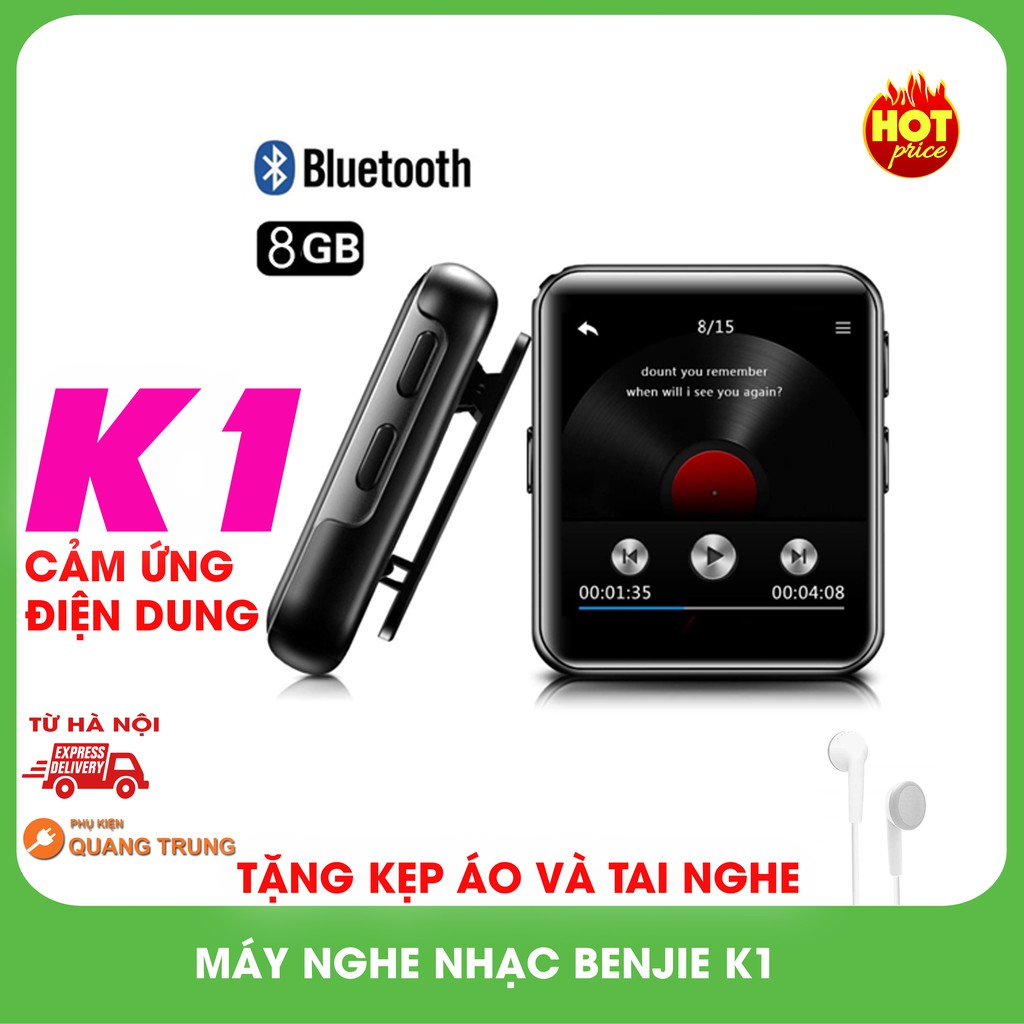 Máy nghe nhạc Benjie K1,bluetooth,8GB bộ nhớ,màn hình cảm ứng IPS HD,mới nhất,tặng kèm tai nghe và kẹp áo