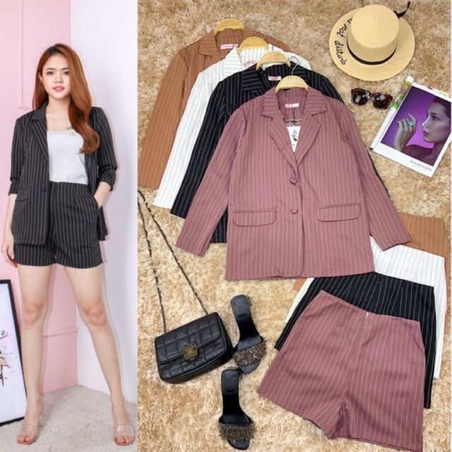 Set áo khoác vest, blazer kẻ sọc công sở và quần sooc