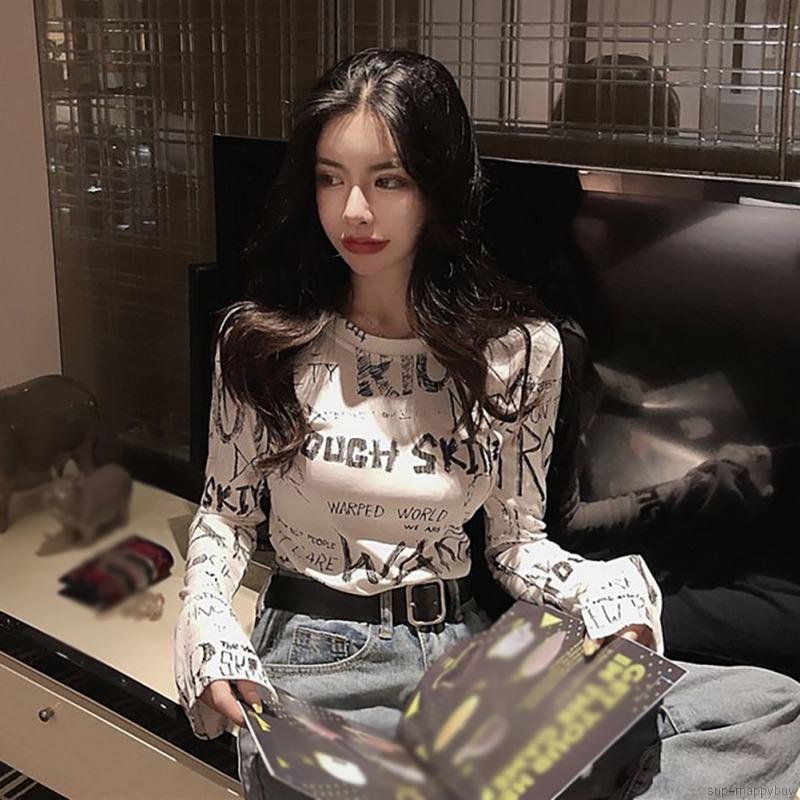 Áo Thun Dài Tay Họa Tiết Graffiti Thiết Kế Đơn Giản