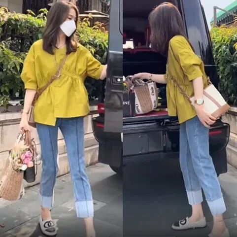 Bộ Áo Sơ Mi Ôm Eo + Quần Jean Dài Lệch Tà Thời Trang Mùa Hè Hàng Mới 2022 Dành Cho Bạn Nữ