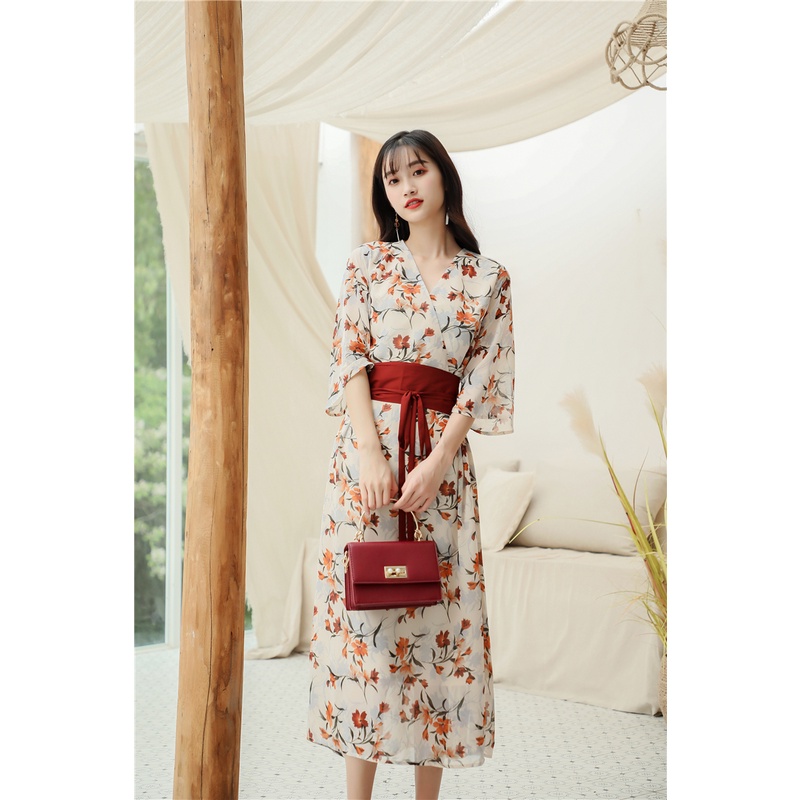 Đầm Voan Kimono Dlela Họa Tiết Hoa Ly Vintage - Muoj - Phong Cách Nhật Bản - hàng cao cấp