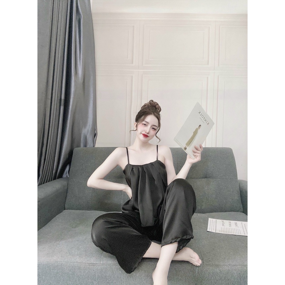Đồ Lụa Mặc Nhà, Đồ Bộ Nữ Đồ Ngủ Áo Dây Nhún Ngực Quần Dài Chất Lụa Satin Fill Màu Form Rộng Rãi Sang Trọng Kín | BigBuy360 - bigbuy360.vn
