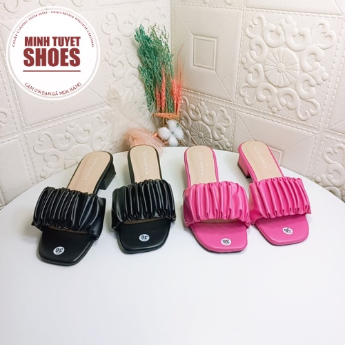 Dép nữ đế vuông cao 3cm quai ngang nhún bèo xinh xắn 4 màu đen trắng xanh hồng Minhtuyetshoes