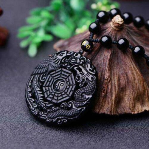 Vòng cổ Đá Obsidian Tự Nhiên Khắc Hình Rồng Và Phượng Hoàng Độc Đáo N7U4