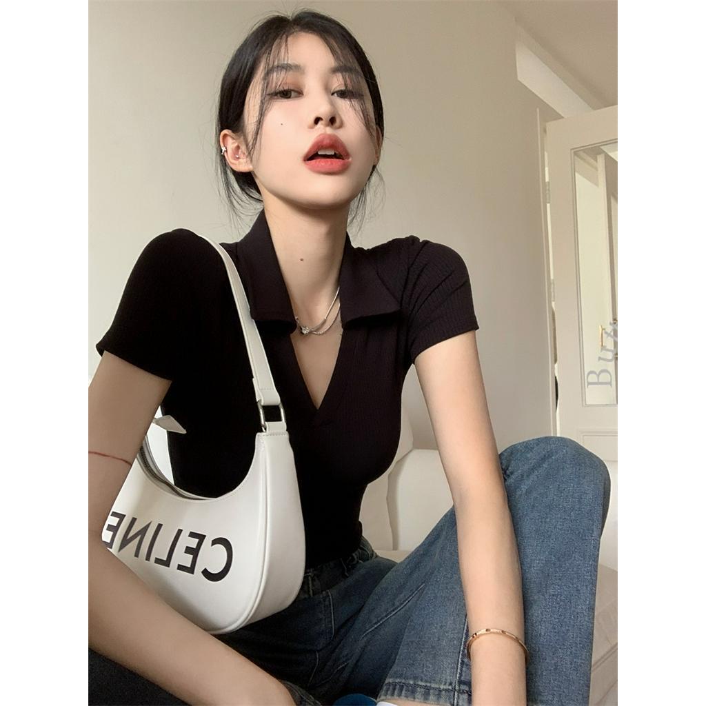 Áo Thun polo Dệt Kim Cổ V Dáng Ôm Ngắn Tay Thời Trang Retro Sành Điệu 63143