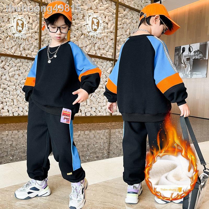(Date mới)㍿ﺴBộ quần áo thu đông cho bé trai 2021 đồ mới thể thao hai mảnh trẻ em vào mùa và lớn cộng với triều dày nhung