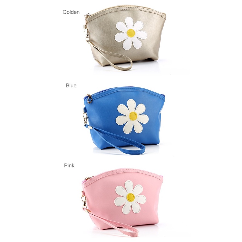 Túi Da PU Đựng Mỹ Phẩm Họa Tiết Hoa Cúc Nhỏ Màu Kẹo Xinh Xắn