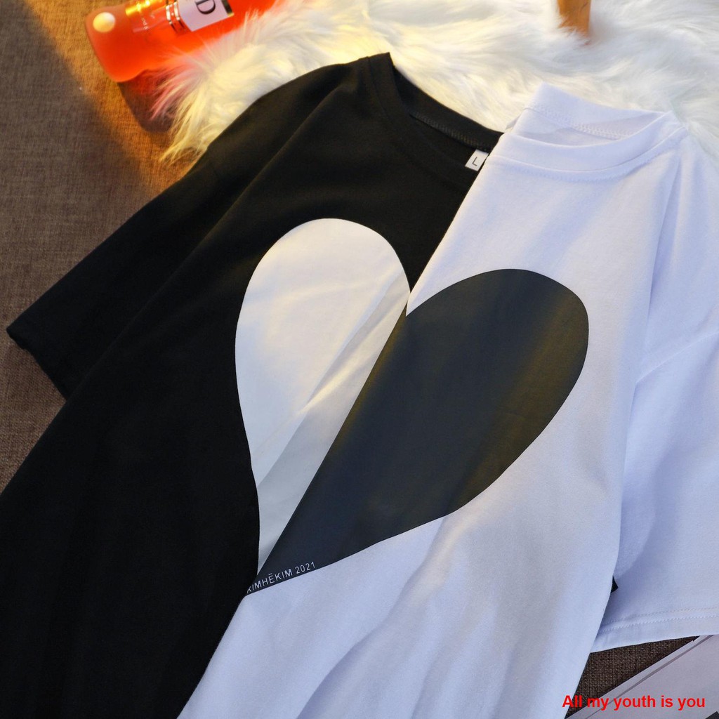 [Spot real shot 💕]Áo    Korean girl loose short-sleeved love print personality T-shirt female heart machine design fashion long section half sleeves