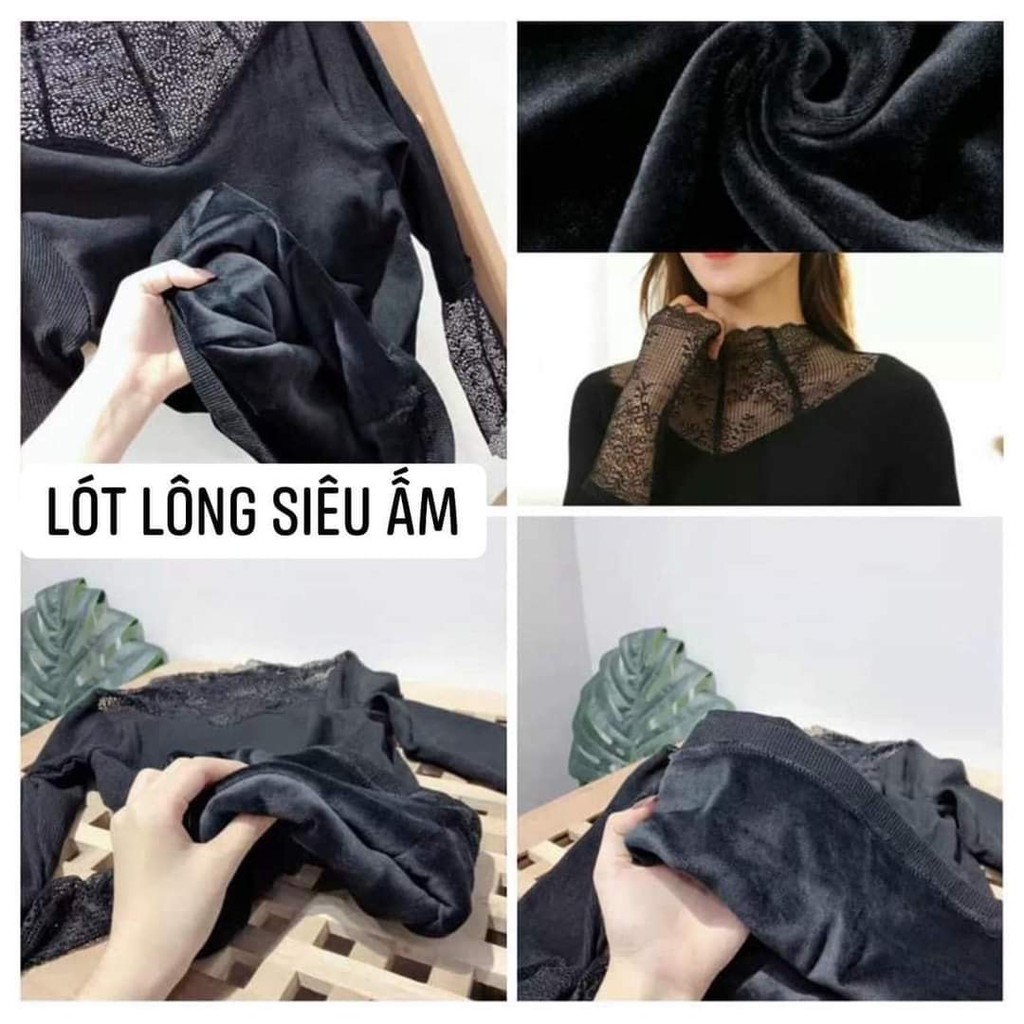 ÁO THUN NỮ DÀI TAY PHỐI REN CỔ KIỂU LẠ HÀNG QUẢNG CHÂU CAO CẤP Áo giữ nhiệt ren sang trọng lót lông mịn