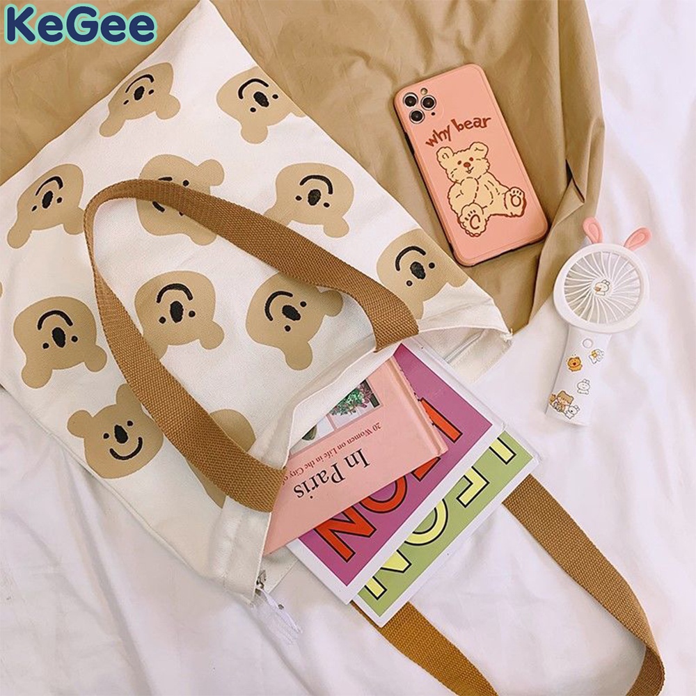 Túi Xách Canvas Đeo Vai In Họa Tiết Gấu Dễ Thương Thời Trang Cho Nữ