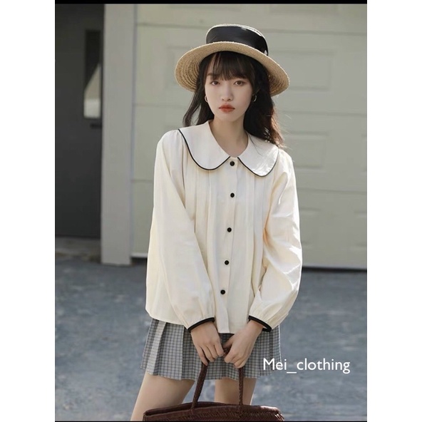 [Ảnh thật/video] Áo sơmi babydoll li ngực cổ tròn kết hợp viền đen tạo điểm nhấn