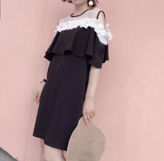 Đầm trễ vai lưới bi viền bèo (có 2 màu)