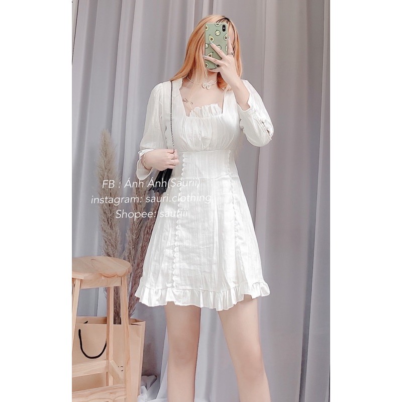 HÀNG SẴNĐầm ulzzang trắng tay dài tay bo khuy bọc|Đầm xoè cổ vuông tay bo khuy tiểu thư xinh xắn dạo phố