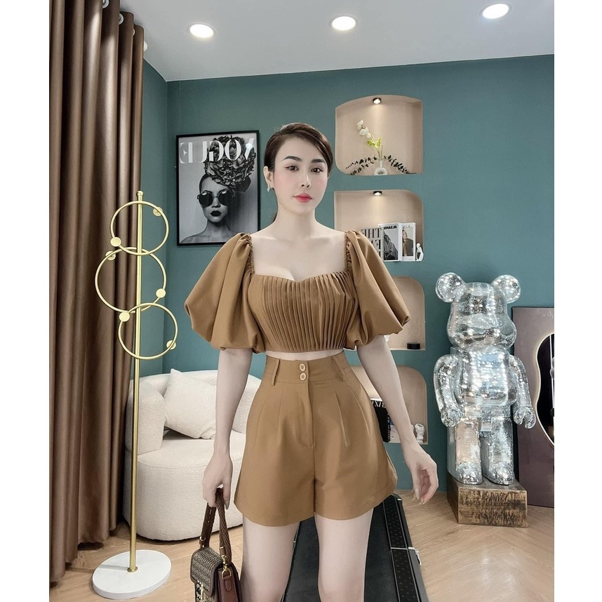Sét bộ áo croptop tay phồng,phối quần đùi quý phái duyên dáng phù hợp mợi phong cách
