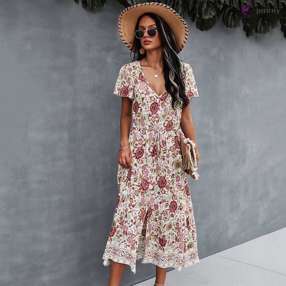 Đầm Dài Tay Ngắn Cổ Chữ V In Họa Tiết Hoa Thời Trang Mùa Hè Cho Nữ | BigBuy360 - bigbuy360.vn