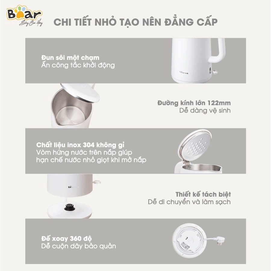 Ấm Siêu Tốc 1.5L Bear ZDH-B15T1 Bản Nội Địa Trung - Hàng Chính Hãng