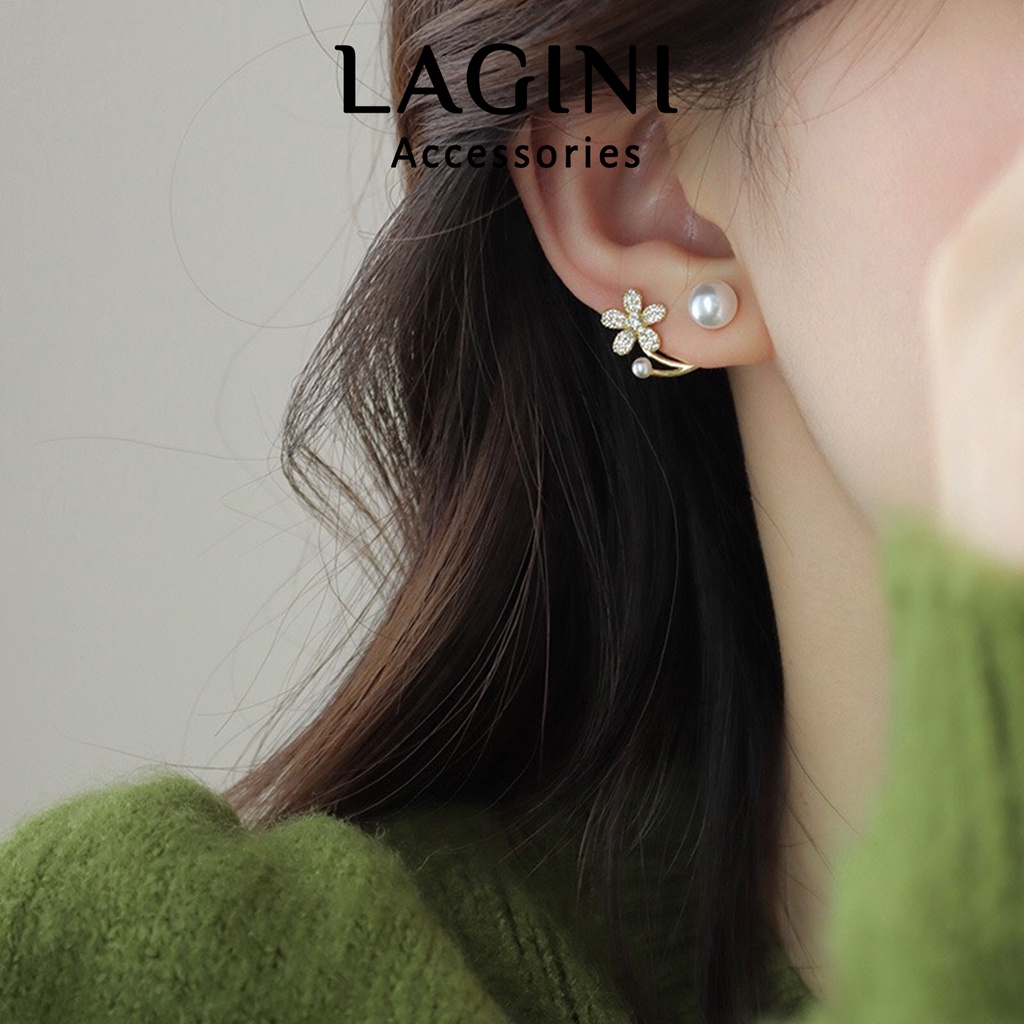 Bông tai ôm vành hoa đính đá chuôi bạc Lagini trẻ trung cho nữ phong cách Hàn Quốc