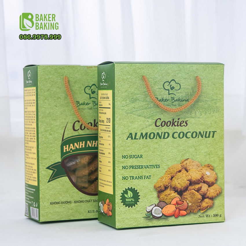 Bánh ăn kiêng ❤FREESHIP❤️ Bánh Cookies Dừa Hạnh Nhân không đường, nguyên cám 100%, ăn vặt thả ga không lo béo, hộp 500g