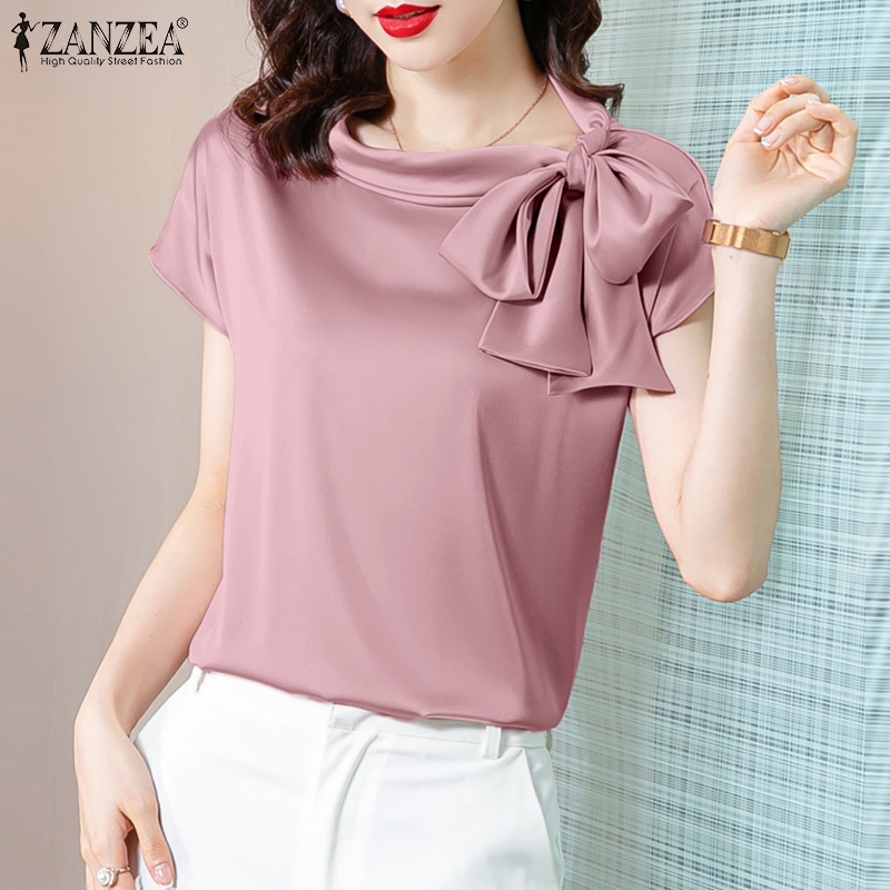 Zanzea Áo Sơ Mi Tay Ngắn Vải Satin Màu Trơn Thắt Nơ Thời Trang Cho Nữ