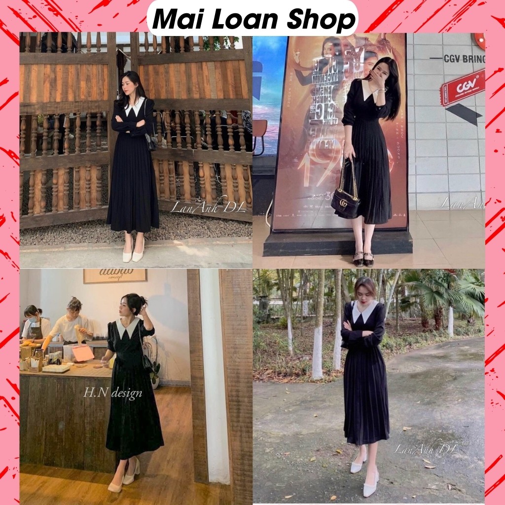 Váy Đen Tiểu Thư Cổ Trắng Chân Xếp Ly Lịch Sự, Váy Vintage Tiểu Thư Cổ Bèo Chân Xếp Ly Che Khuyết Điểm Chân Hoàn Hảo.