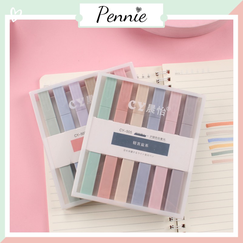 Bút highlight dạ quang Pennie 6 màu pastel đánh dấu retro xinh xắn thân vuông