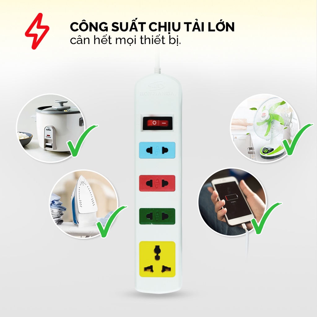 Ổ cắm điện đa năng Honjianda Mã 03 Dây 3m/5m - an toàn chống quá tải