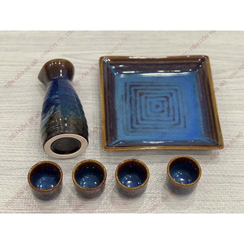 Bộ bình rượu sake phong cách Nhật Bản men hỏa biến lam gốm sứ Bát Tràng