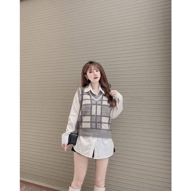 Áo Gile Len Nữ Ms.2021 Cổ Tim, Họa Tiết Caro To, 3 Màu Đen Ghi Nâu Trẻ Trung, Chất Liệu Len Đanh Mịn