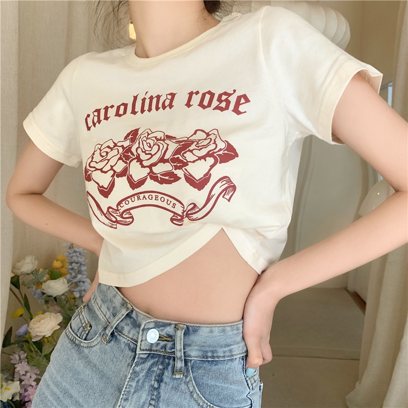 SUXI Áo Thun Ngắn Tay Cổ Tròn Hở Eo Thời Trang Mùa Hè Dành Cho Nữ