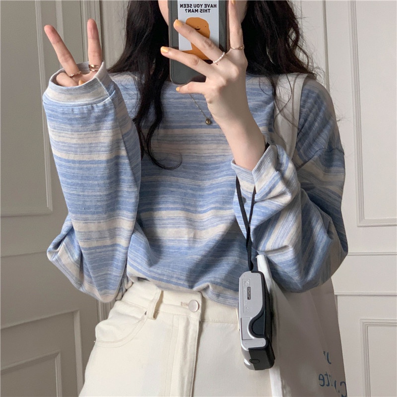 「HOME5」 Áo Thun Tay Dài Dáng Rộng Họa Tiết Kẻ Sọc Thiết Kế Mới 2021 Thời Trang Xuân Thu Cho Nữ