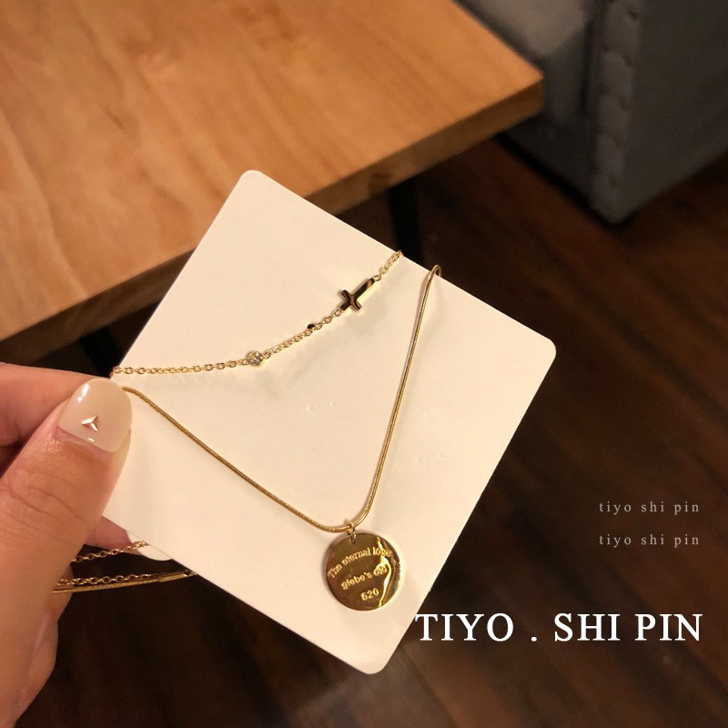 Vòng cổ 2 dây mặt tròn khắc chữ, dây chuyền novset sang trọng
