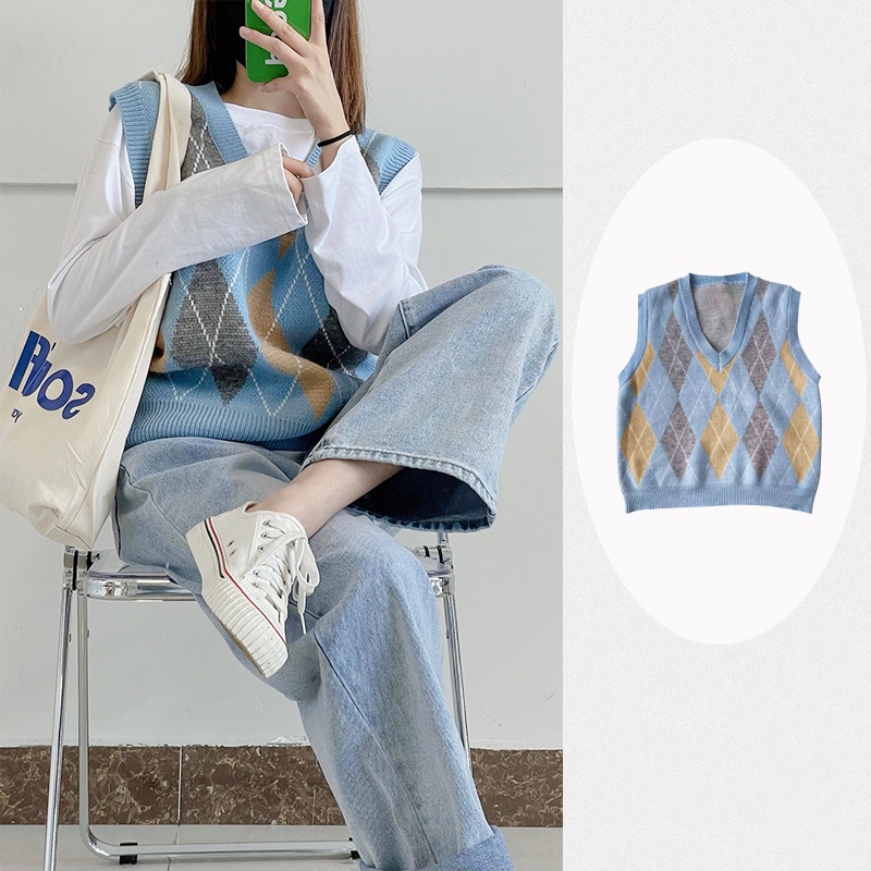 Áo gile len cổ V kẻ ô quả trám ulzzang phong cách Hàn Quốc vintage