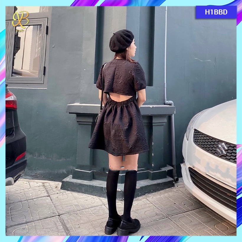Váy/ đầm nữ babydoll hở eo lưng chiết eo dáng xòe tay bồng - H1BBD - Bingxin