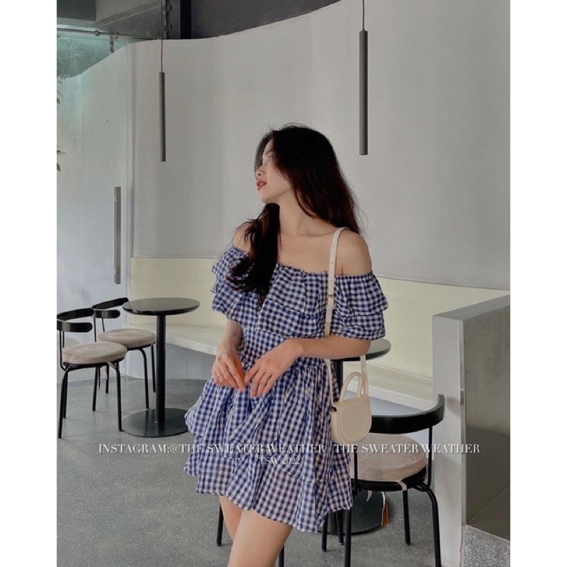 [Ảnh thật/Video]Đầm kẻ trễ vai tay bồng bềnh thiết kế ôm eo Hàn Quốc