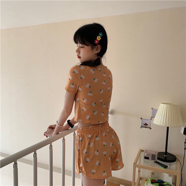 Set bộ đồ mặc nhà bộ ngủ họa tiết hoa tulip cute vải cotton