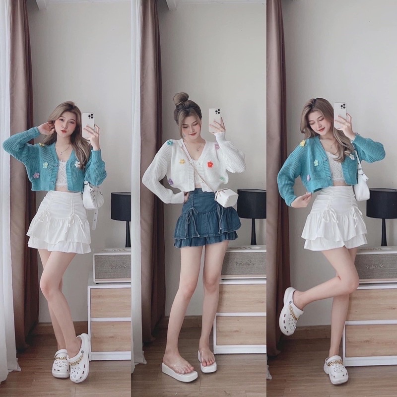 ÁO KHOÁC THUN GÂN CARDIGAN DÀI TAY XINH ĐÍNH HOA LEN MÓC MÓC BH9 (Ảnh thật cuối)