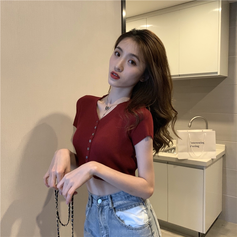 Vintage Knitted Crop Top Knitted Blouse Short Sleeve Casual Knit Korean Black Short Sleeve T Shirt Short Style Thin Red Knitted Short Sleeves Korean Blouses V Collar Knitted Crop Top for Women