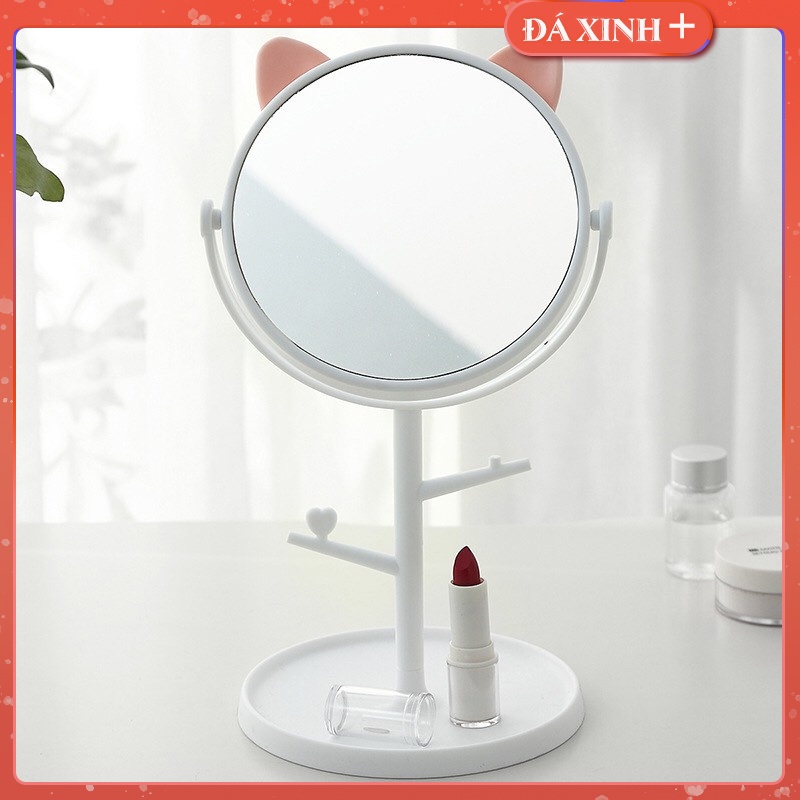 Gương Trang Điểm Để Bàn Có Móc Treo Trang Sức Mèo Siêu Cute