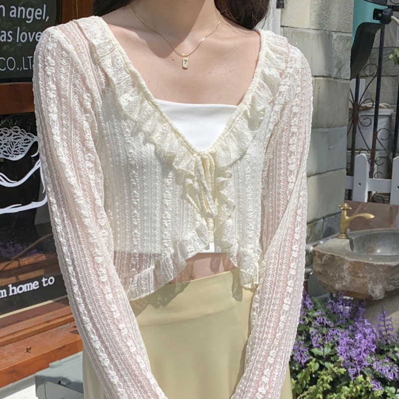 Áo Cardigan Tay Dài Phối Ren Lưới Màu Trơn Thắt Nơ Phía Trước Thời Trang Mùa Hè Cho Nữ