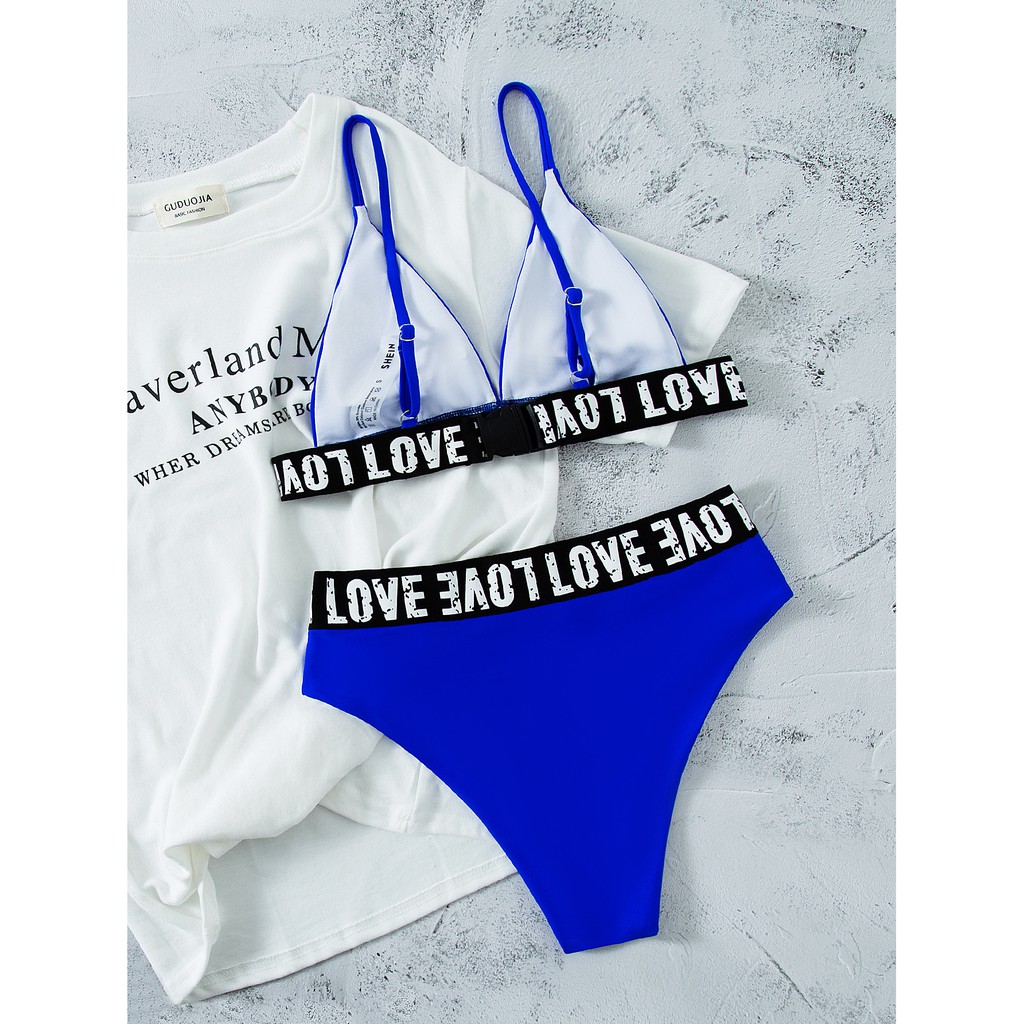 [BKN1266] &lt;ÂU&gt; SET BIKINI XANH COBALT CẠP CHỮ LOVE (CẠP CAO)