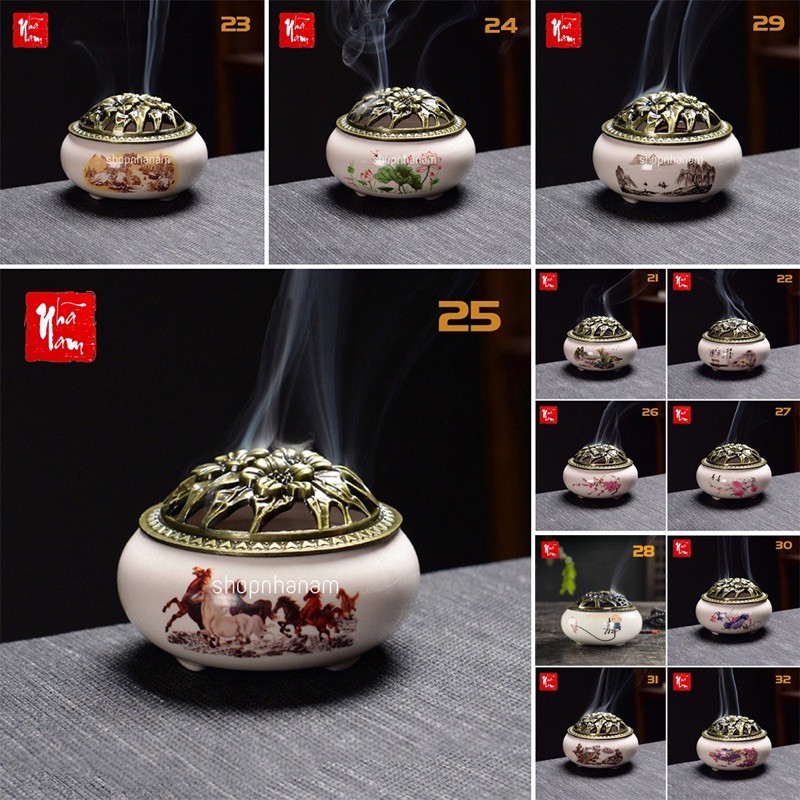 Lư xông trầm hương đỉnh đốt nhang gốm sứ nhiều họa tiết