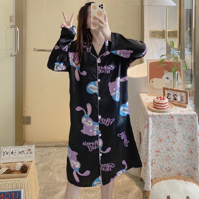 Đầm Ngủ Tay Dài Chất Lụa Satin Dáng Rộng Thời Trang Hàn Quốc Xinh Xắn Cho Nữ