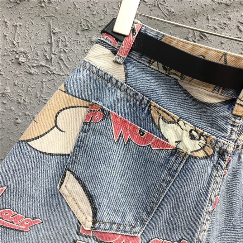 Quần ngắn denim lưng cao in họa tiết hoạt hình phối rách cá tính cho nữ 78420
