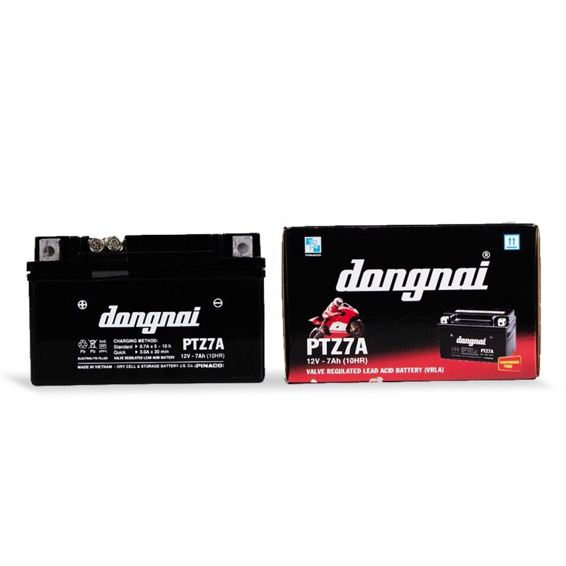 Bình acquy xe máy khô miễn bảo dưỡng Đồng Nai PTZ7A | 12V - 7Ah, ắc quy xe máy honda 12v.