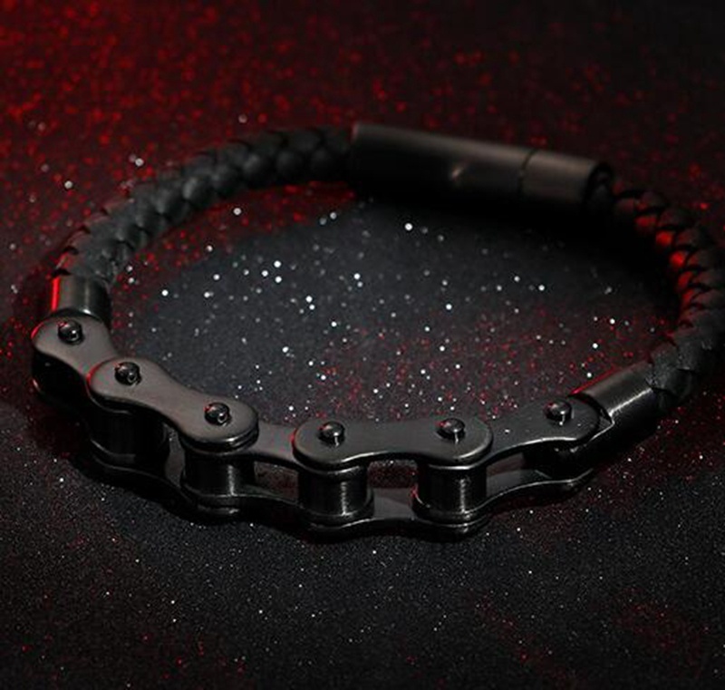 Vòng đeo tay trang sức da phối xích xe đạp bằng thép không gỉ màu đen phong cách punk rock vintage cho nam
