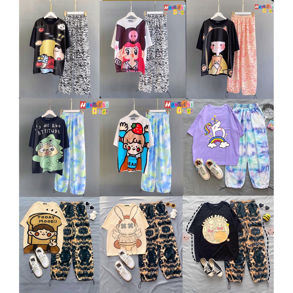 Set Bộ Áo Thun Tay Lỡ In Hình Tie Tee Phối Quần Jogger 3D Dây Rút Ulzzang Unisex Dáng Rộng - MM