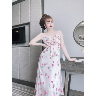 Đầm maxi 2 dây thắt nơ lụa latin mềm mát, váy maxi hè